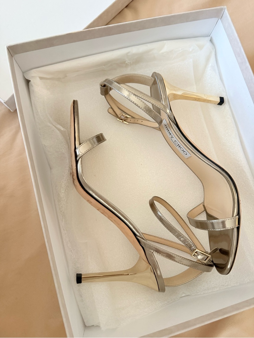 Jimmy Choo Gold Strappy Ankle-Strap Heels price firm - Picture 4 of 6